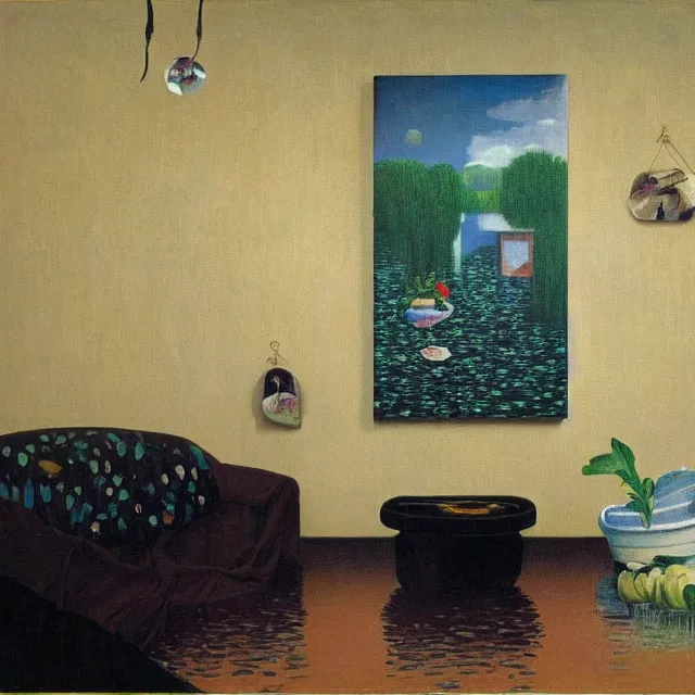 Image similar to painting of flood waters inside an apartment, tall female emo art student, a river flooding indoors, pomegranates, pigs, ikebana, water, river, rapids, waterfall, black swans, canoe, berries dripping, acrylic on canvas, surrealist, by magritte and monet