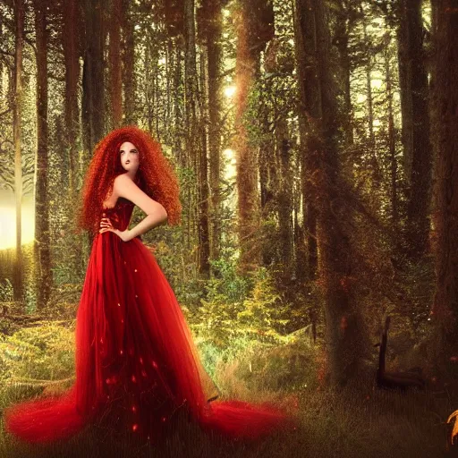 Image similar to beautiful woman with long curly red hair in elaborate gown, rim lit, forest, moon in background, photo realistic, cinematic atmosphere, octane render, 8 k, ethereal, dramatic lighting