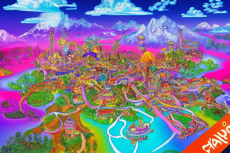 Image similar to Map of a psychedelic realm in the style of a theme park map highly detailed, full color, as painted by lisa frank and bob ross, unreal engine