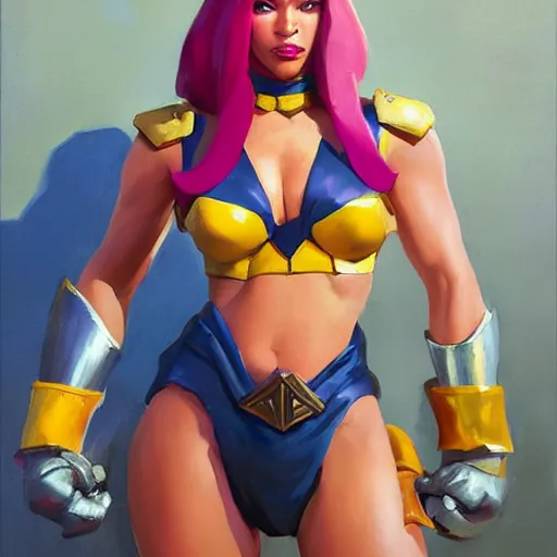 Image similar to greg manchess portrait painting of partially armored menat from street fighter as overwatch character, medium shot, asymmetrical, profile picture, organic painting, sunny day, matte painting, bold shapes, hard edges, street art, trending on artstation, by huang guangjian and gil elvgren and greg rutkowski