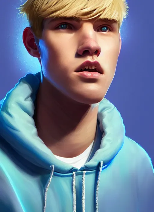 Image similar to portrait of high school senior boy named big moose, blonde short hair, jock, beefy, wide face, square jaw, square facial structure, blue varsity jacket with his name, intricate, elegant, glowing lights, highly detailed, digital painting, artstation, concept art, sharp focus, illustration, art by wlop, mars ravelo and greg rutkowski