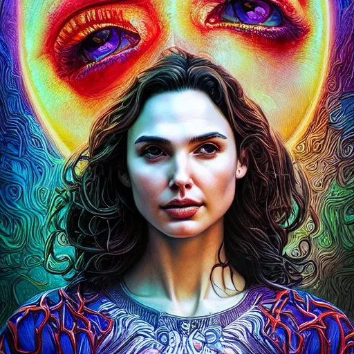 Image similar to portrait of gal gadot, hyper detailed masterpiece, neon floral pattern, jean giraud, digital art painting, darkwave goth aesthetic, psychedelic, artgerm, donato giancola and tom bagshaw