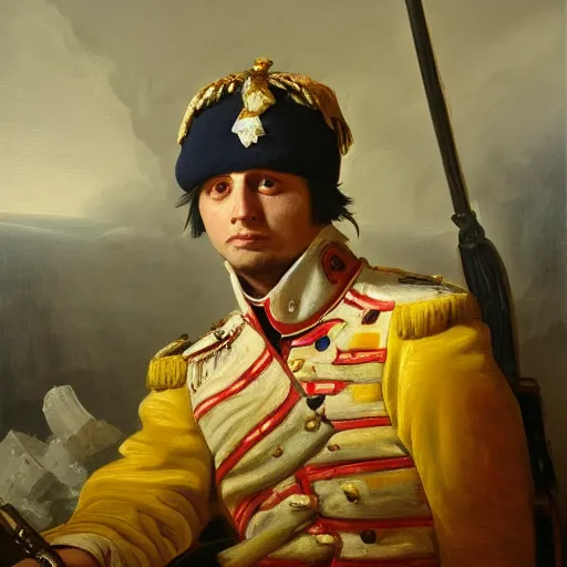 Prompt: an oil painting of Volodymyr Zelensky at war, dressed like Napoleon Bonaparte, his clothes are torn and dirty, he is sitting between corpses and weeping, holding a burnt flag of Ukraine, hyper realistic, hyper detailed, sharp focus, depth of field, High definition, 8k, by Benjamin West