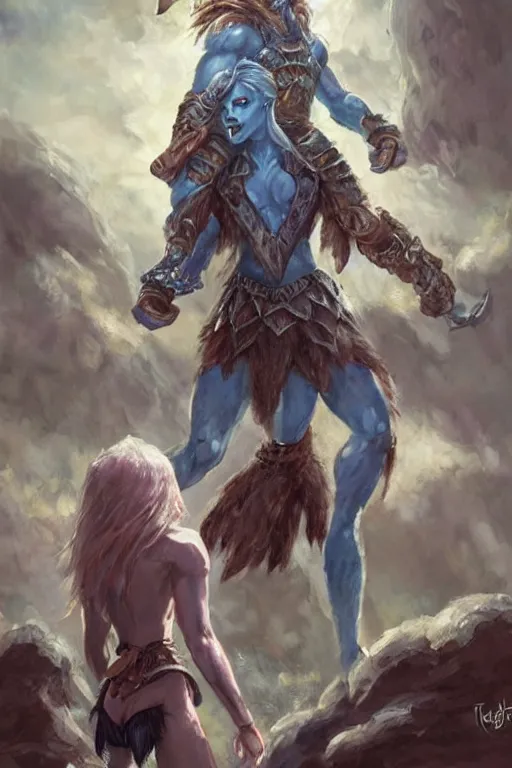 Image similar to a small blue-skinned triton girl wearing scale armor riding on a the shoulders of a large male goliath wearing fur and leather armor, dnd concept art, painting by ross tran and Tyler Jacobson