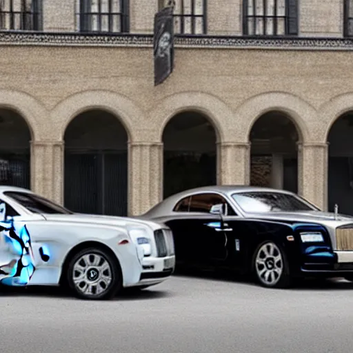 Image similar to Rolls Royce Wraith parked next to Model T ford, black and white