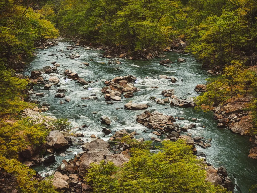 Image similar to “a river running through a canyon surrounded by mountains, a tilt shift photo by Frederic Church, trending on unsplash, hudson river school, photo taken with provia, national geographic photo, tilt shift”