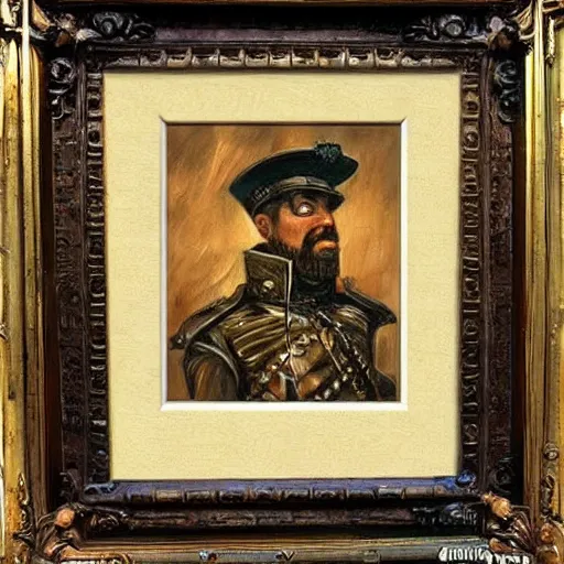 Image similar to steampunk soldier, renaissance aristocratic painting