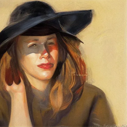 Image similar to frontal portrait of a woman with a hat that covers her eyes, by jon foster