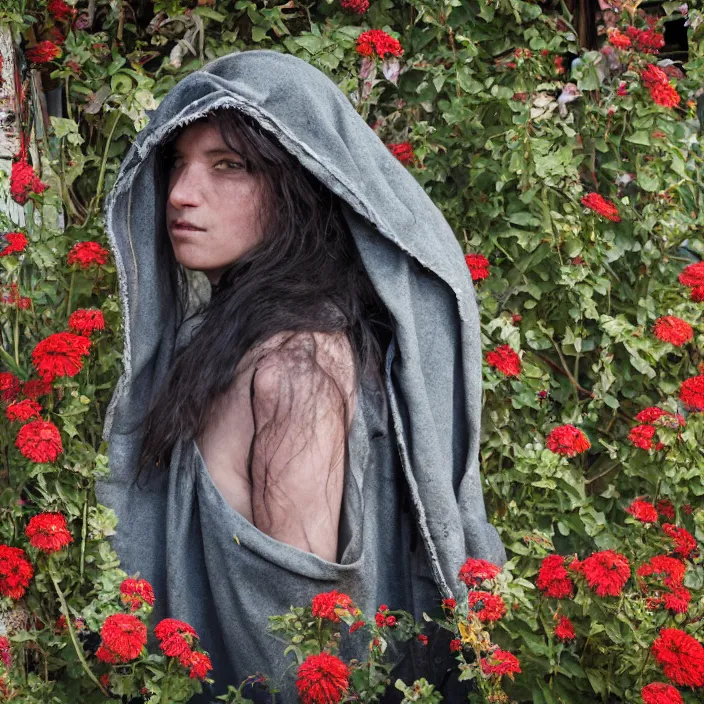 Prompt: a woman wearing a hooded cloak made of zinnias and barbed wire, in a derelict house, detailed face, CANON Eos C300, ƒ1.8, 35mm, 8K, medium-format print