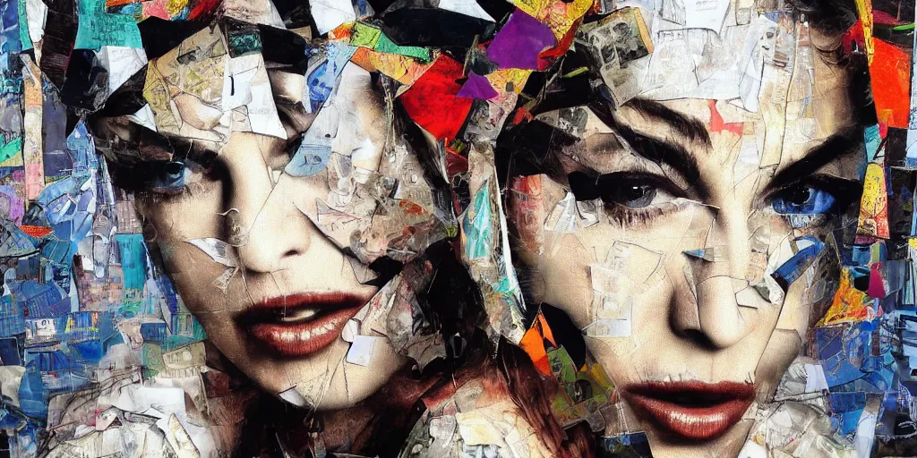 Image similar to madonna with a trash bag on his head, collage paper and tape, acrylic on canvas, hyperrealism mixed with expressionism, high resolution, smooth shading, cinematic, unreal 6 breathtaking detailed, by blake neubert