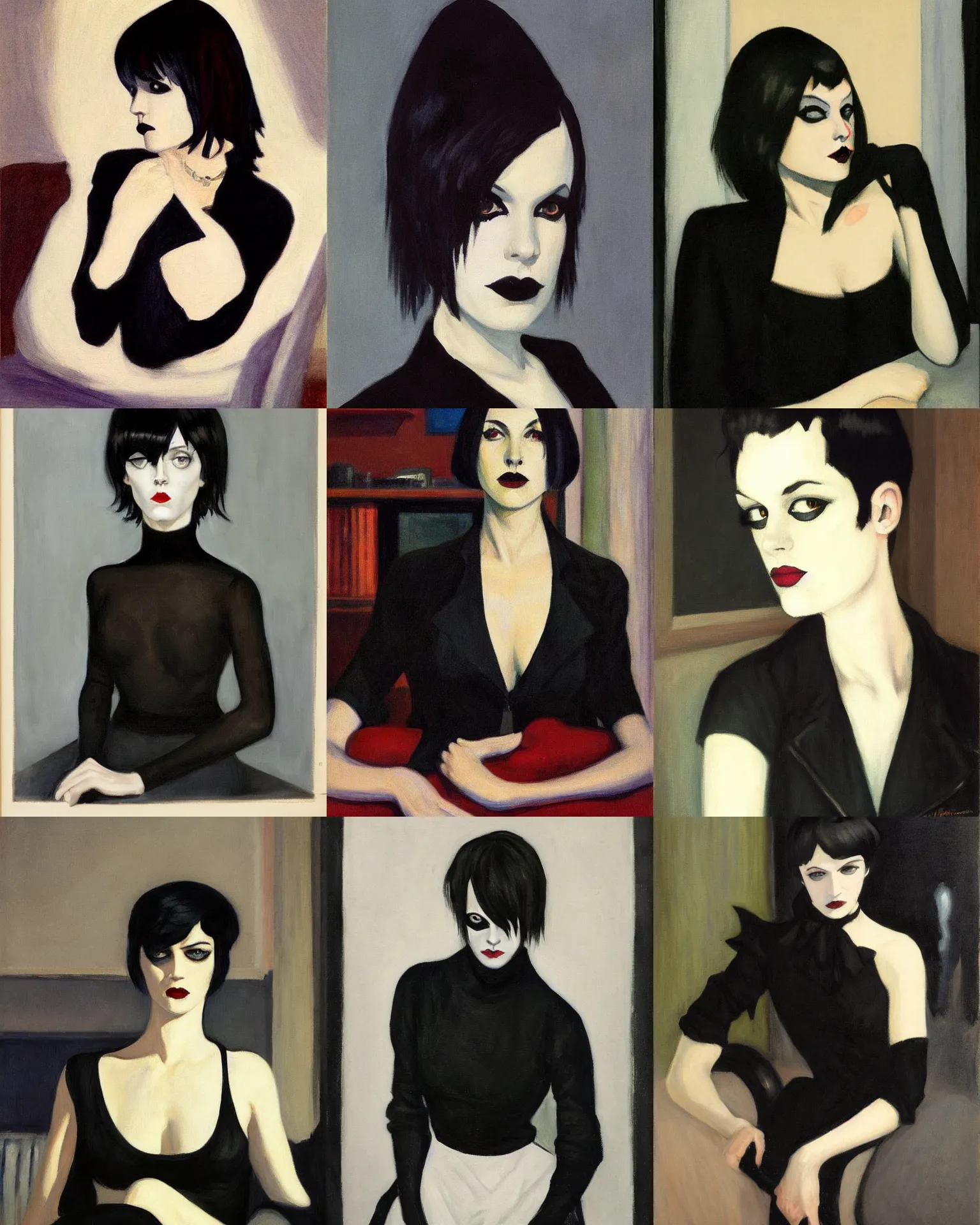 Prompt: A goth portrait by Edward Hopper. She has large evil eyes with entirely-black sclera!!!!!! Her hair is dark brown and cut into a short, messy pixie cut. She has a slightly rounded face, with a pointed chin, and a small nose. She is wearing a black leather jacket, a black knee-length skirt, a black choker, and black leather boots.