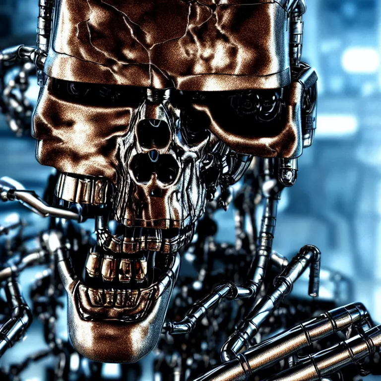 Image similar to terminator endoskeleton with water behind it movie still, chrome, shiny, reflective, metallic, 3 d render, realistic, hdr, stan winston studios, dramatic lighting, water colors bright,