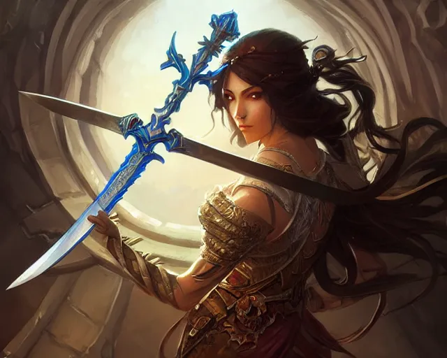 Image similar to sword sword sword sword epic, deep focus, d & d, fantasy, intricate, elegant, highly detailed, digital painting, artstation, concept art, matte, sharp focus, illustration, hearthstone, art by artgerm and greg rutkowski and alphonse mucha