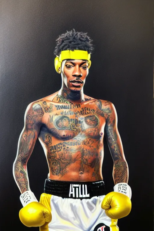 Image similar to full body portrait of wiz khalifa as muhammad ali, oil on canvas by william sidney mount, black, black, yellow, yellow, trending on artstation