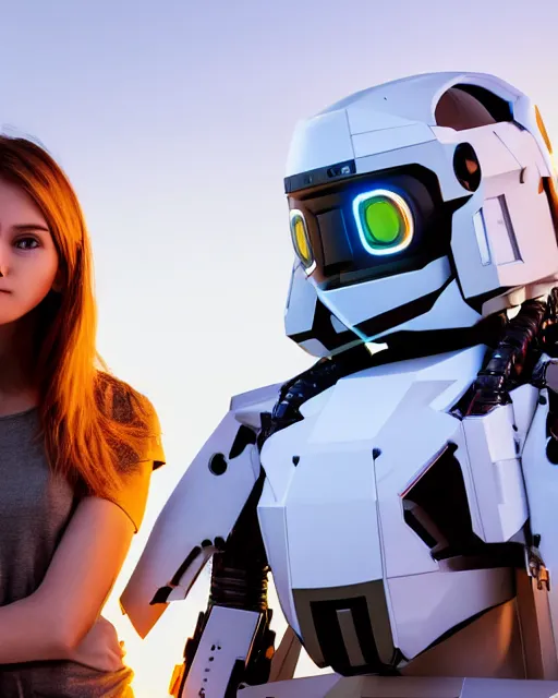 Prompt: centered medium shot fine studio photograph of a beautiful girl wearing only a mecha electronic Apache helmet with bright lights, ultra-realistic, white background, 8k HDR sunset lit, intricate