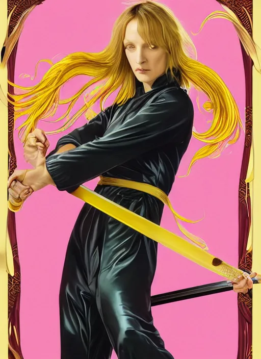 Image similar to uma thurman in kill bill, rococo and art nouveau fusion, iridescent diaphanous refractive and reflective katana, yelliw jumpsuit, highly detailed, deep focus, elegant, digital painting, smooth, sharp focus, illustration, ultra realistic, 8 k, art by artgerm and alphonse mucha