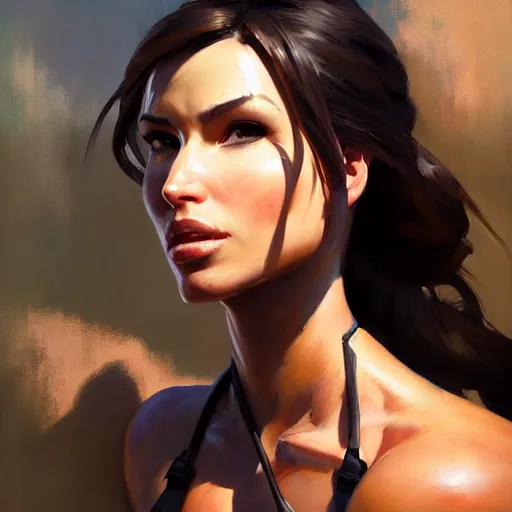 Image similar to Greg Manchess portrait painting of Lara Croft as Overwatch character, medium shot, asymmetrical, profile picture, Organic Painting, sunny day, Matte Painting, bold shapes, hard edges, street art, trending on artstation, by Huang Guangjian and Gil Elvgren and Sachin Teng