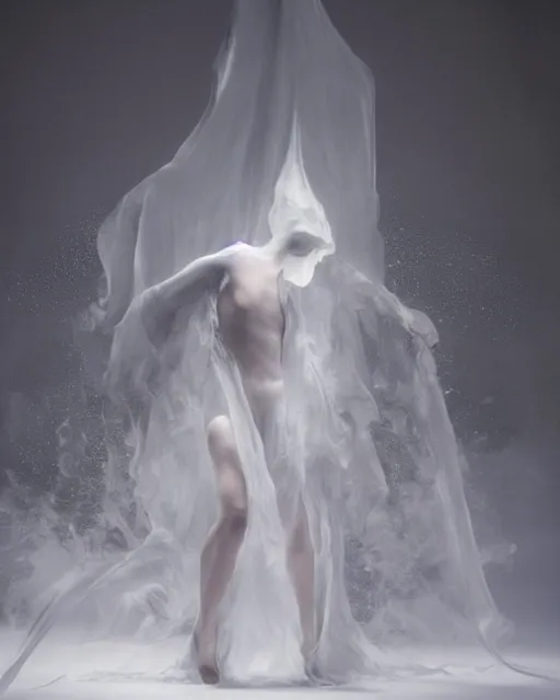 Image similar to mid shot render of an ethereal ghostlike figure fluid simulation in houdini dancing in dark smoke robes and silk veils by ilm, paolo roversi, nick knight, gill elvgren, beautiful futuristic simplified form distorted by turbulent movement, dark studio background, deep color, trending on artstation, hyperrealism, matte painting, dutch golden age, fine detail, cgsociety