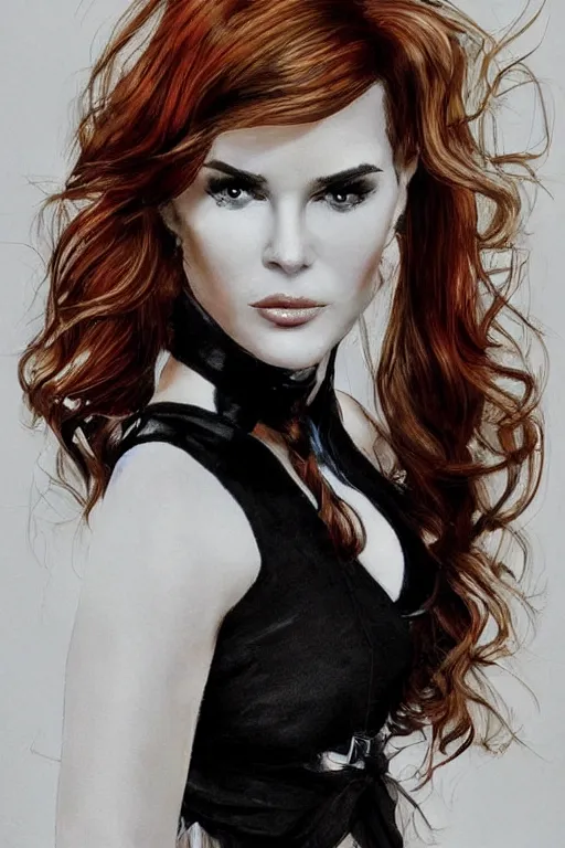 Image similar to mix of beautiful young maria shriver, mariel hemmingway, brooke shields, nicole kidman and elle macpherson as a dominatrix, thin lips, hair tied up in a pony tail, dark blonde hair, colorful, deviantart, artstation, cgsociety