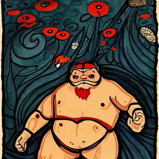 Prompt: pudge from dota 2. ivan bilibin style