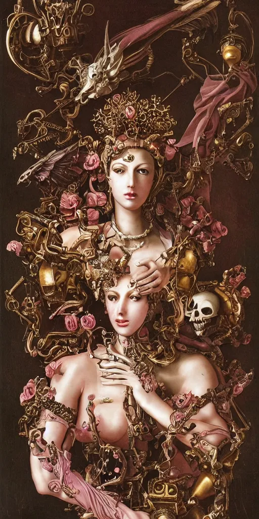 Image similar to a young beautiful Italian metal android with a large glowing pink crystal in the center of her chest, full-body bronze cyberpunk style statue of Andromeda with glowing red eyes, crown of mechanical peach roses, flowing peach silk, fabric, steampunk flowers. baroque elements, human skull. full-length view. baroque element. intricate artwork by caravaggio. many flying horses on background. Trending on artstation, octane render, cinematic lighting from the right, hyper realism, octane render, 8k, depth of field, 3D