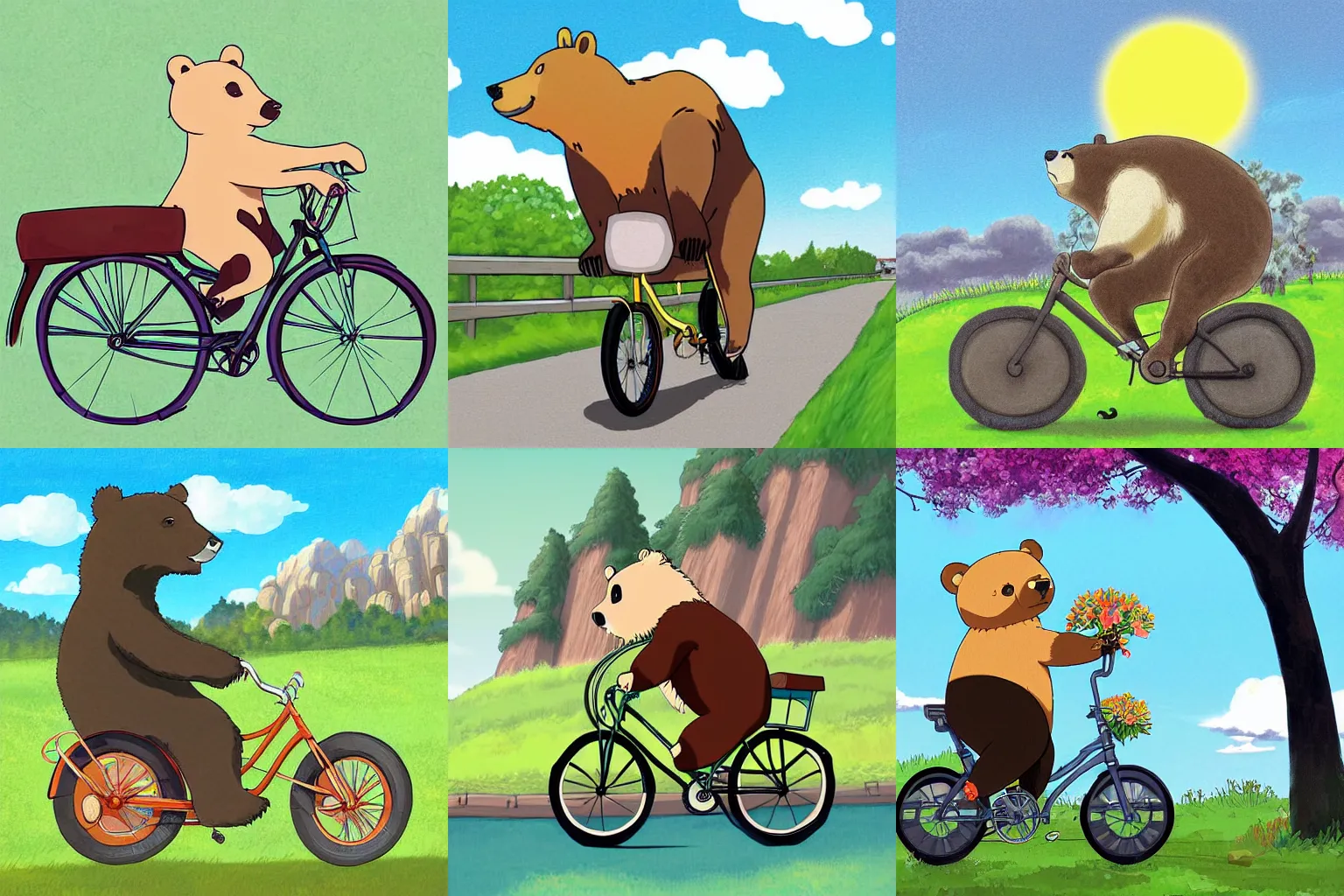 Prompt: bear driving a bike on a sunny day, in the style of Studio Ghibli, digital art,