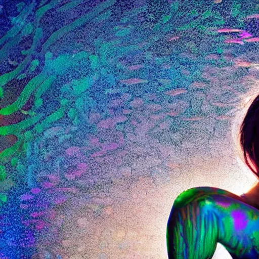 Image similar to portrait photo, a woman covered in intricate silver body paint and a purple florescent bikini inside an iridescent bubble floating above beautiful colorful sunset clouds