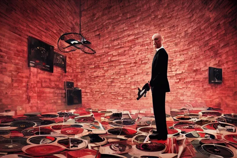 Image similar to an expressive portrait of agent 4 7 from hitman wearing headphones standing on a floor of vinyl records, dark background, red rim light, digital art, artstation, concept art by giger stalenhag