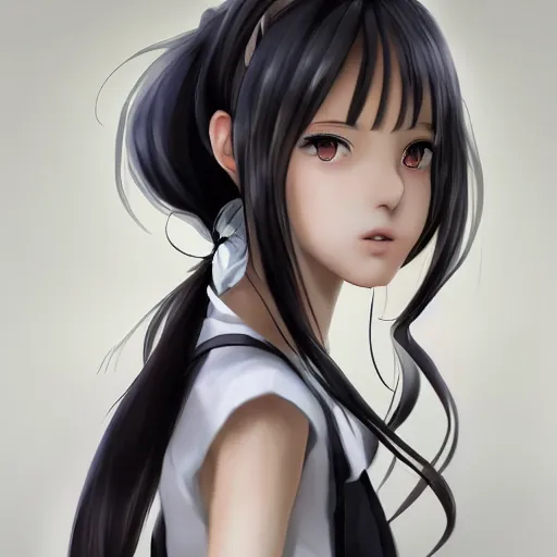 Prompt: astonishing portrait of a very beautiful anime high-school girl with black hair ponytail, white ribbon, full perfect face, realistic, highly detailed background, artstation, 120 degree view, drawn by Sasoura, Satchely and Akihiko Yoshida, no distortion