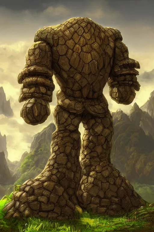 Image similar to zelda fantasy art giant golem troll wood rock greeble gemstone, global illumination ray tracing hdr fanart arstation by sung choi and eric pfeiffer and gabriel garza and casper konefal