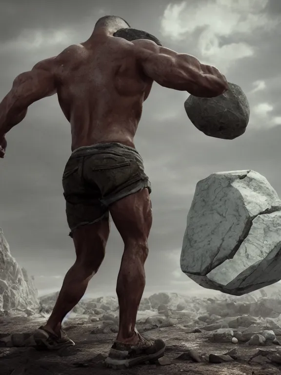Prompt: a muscular man wearing torn clothes carrying a giant stone on his back, big beard, bold, hyperrealistic, concept art, octane render, unreal engine 5, trending on artstation, high quality, 8 k, anatomically correct, five fingers, digital art, symmetrical, low contrast, epic scene, cinematic, dramatic lighting, high coherence