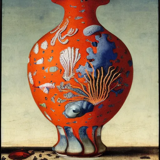 Image similar to bottle vase of coral under the sea decorated with a dense field of stylized scrolls that have opaque outlines enclosing mottled blue washes, with orange shells and purple fishes, Ambrosius Bosschaert the Elder, oil on canvas