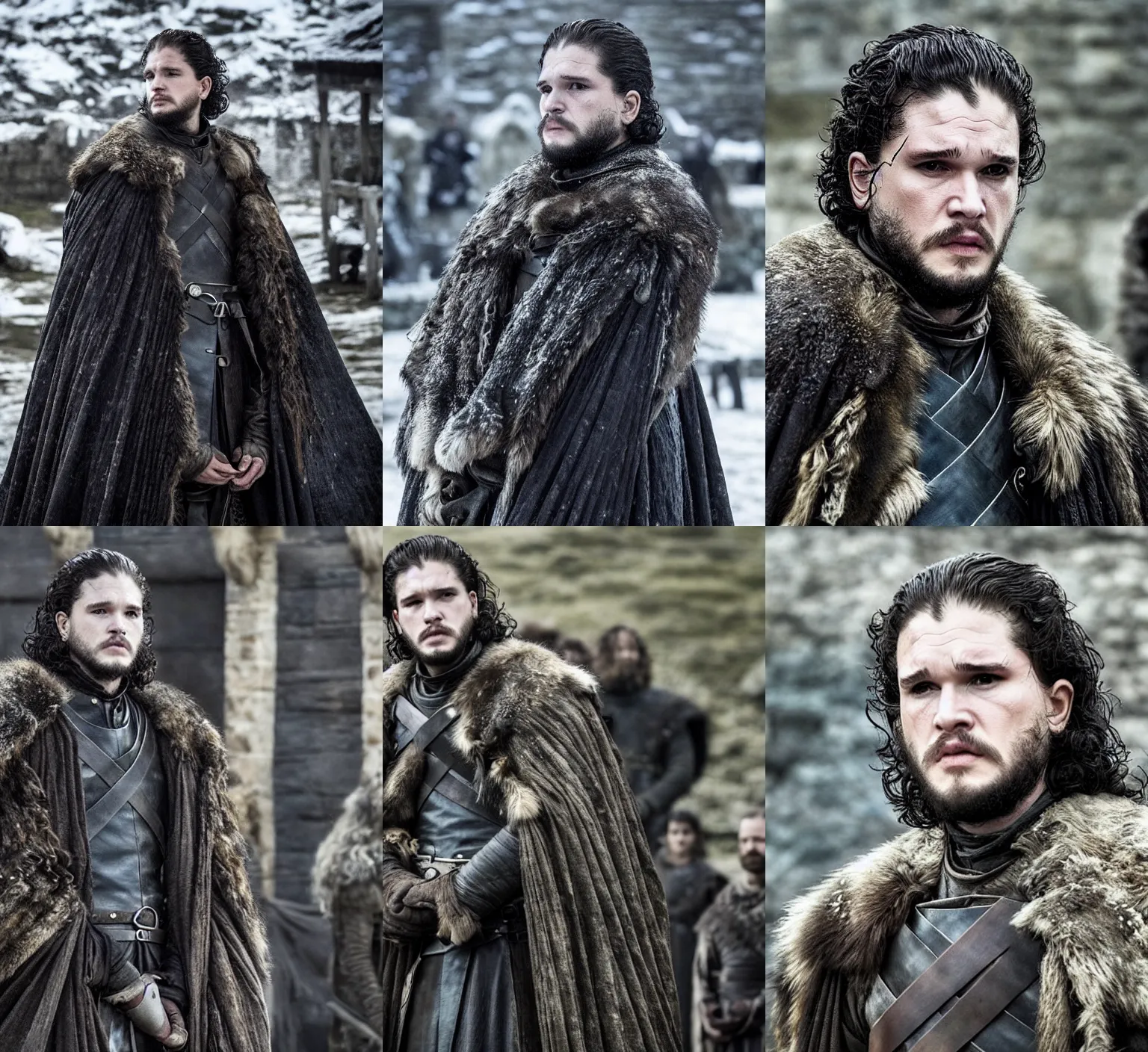 Prompt: kit harington with a long!!!!! beard!! on game of thrones, promotional image, tv still frame