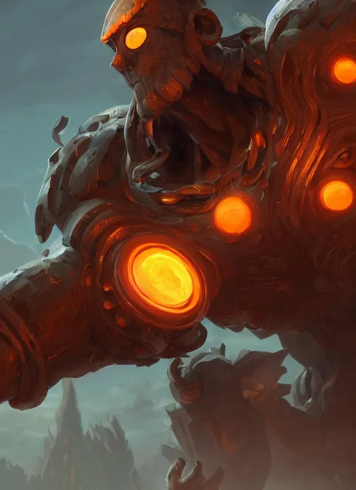 Image similar to a highly detailed illustration of worn down colossal bronze giant, with TWO big orange glowing iron giant eyes, gentle calm doting pose, intricate, elegant, highly detailed, centered, digital painting, artstation, concept art, smooth, sharp focus, league of legends concept art, WLOP