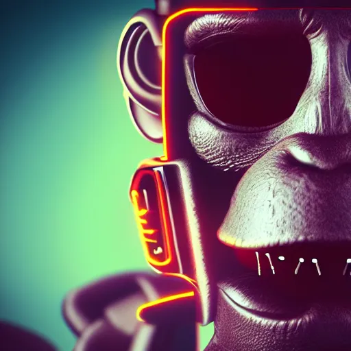 Image similar to a cyborg monkey, sci-fi, cyborg, close-up, cybernetic implant, neon, cyberpunk, center frame portrait, 8k, concept art, octane render