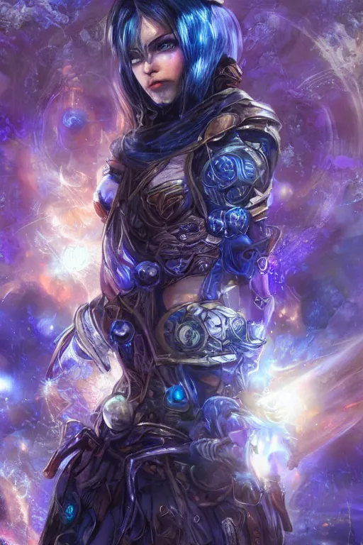 Image similar to Path of Exile, Maven, blue eyes female image with silver purple hair among colourful lights, dark blue spheres fly around, Anachronism, painting, dark fantasy, steampunk, 4k