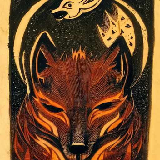 Image similar to Vulpine God of Trickery; An enormous fox with ancient glowing runes on its body and wearing a mask of wood resembling a fox's face