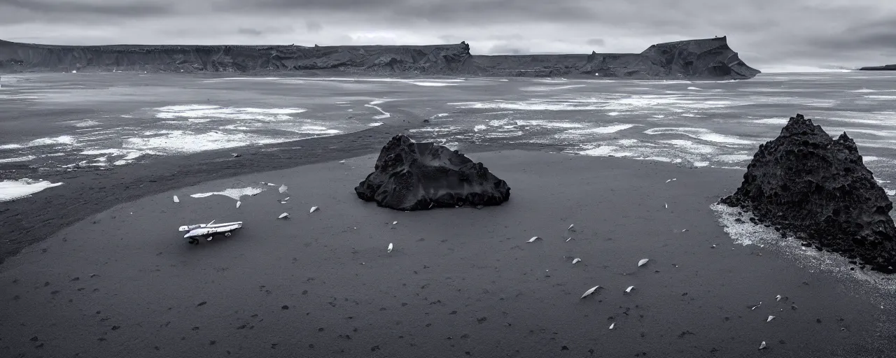 Image similar to cinematic shot of giant symmetrical futuristic military spacecraft in the middle of an endless black sand beach in iceland with icebergs in the distance,, 2 8 mm