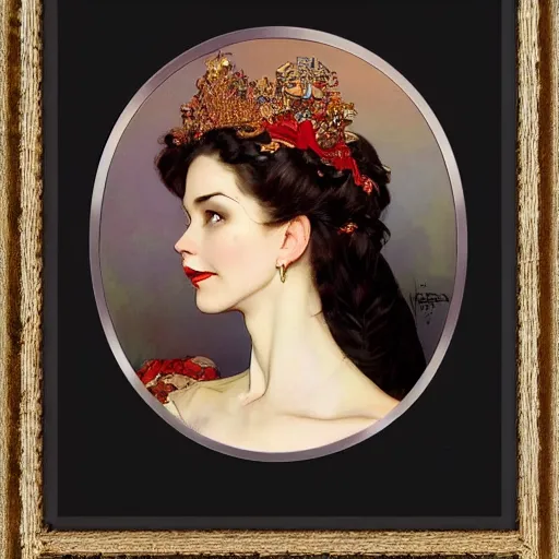 Prompt: portrait of a very beautiful royal fire woman, top half of body, metal crown on head, pensive expression, by Stanley Artgerm Lau, greg rutkowski, thomas kindkade, alphonse mucha, loish, norman rockwell, J. C. Leyendecker. dark black hair, pale skin, detailed eyes, red lips. framed by white flowers. Trending on artstation rule of thirds extremely detailed illustration hd 4k