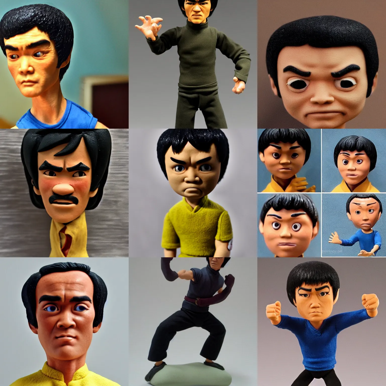 Prompt: real bruce lee!! clay! close detailed sculpted head , style: claymation puppet kids clay , by guldies