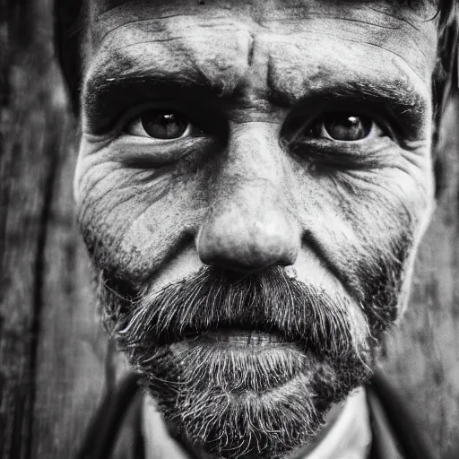 Image similar to a man in a weathered suit with a creepy smile looking straight at the camera ( black and white photo, greatly illustrated, photo realistic, high detailed photo, great quality photo, 4 k )