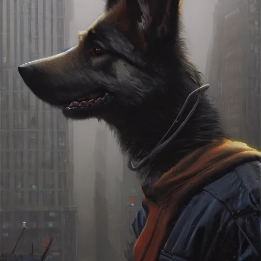 Image similar to new york city portrait of furry anthro anthropomorphic german shepard head animal person fursona wearing clothes strange cybernetic augmentations cyber muzzle gloomy rainy cyberpunk digital art by Greg Rutkowski, Simon Stalenhag, trending on Artstation, CGSociety