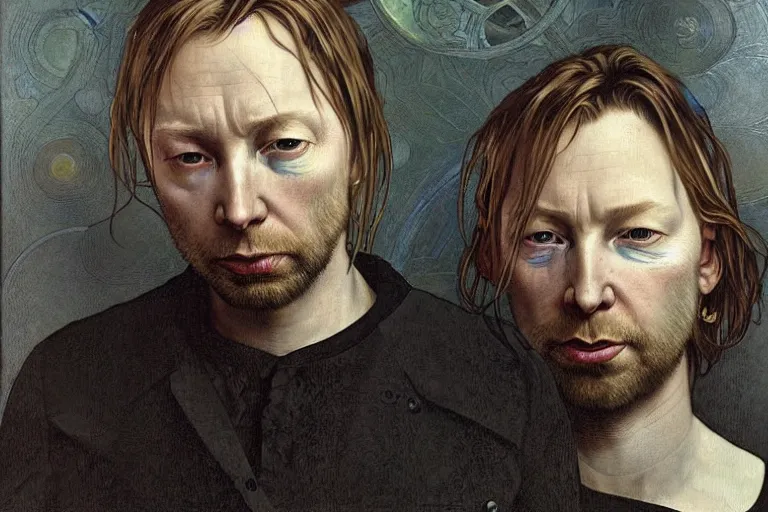 Image similar to hyper realistic portrait of wider faced thom singer songwriter yorke, by lee bermejo, alphonse mucha and greg rutkowski