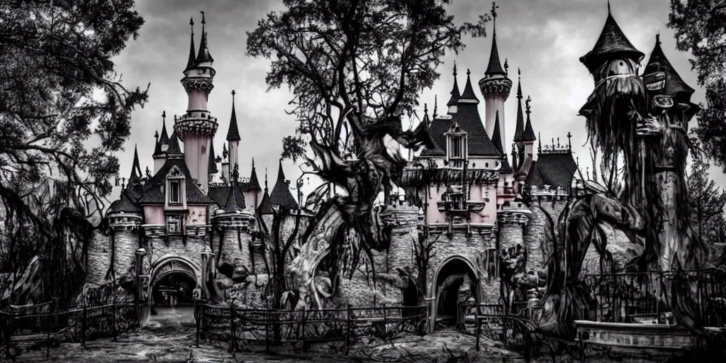 Prompt: horror version of disneyland park, creepy, dark, scary, monsters, zombies