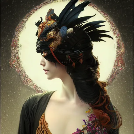 Image similar to a photorealistic dramatic fantasy render of a beautiful woman wearing a beautiful intricately detailed japanese crow kitsune mask and clasical japanese kimono by wlop, artgerm, greg rutkowski, alphonse mucha, beautiful dynamic dramatic dark moody lighting, shadows, cinematic atmosphere, artstation, concept design art, octane render, 8 k