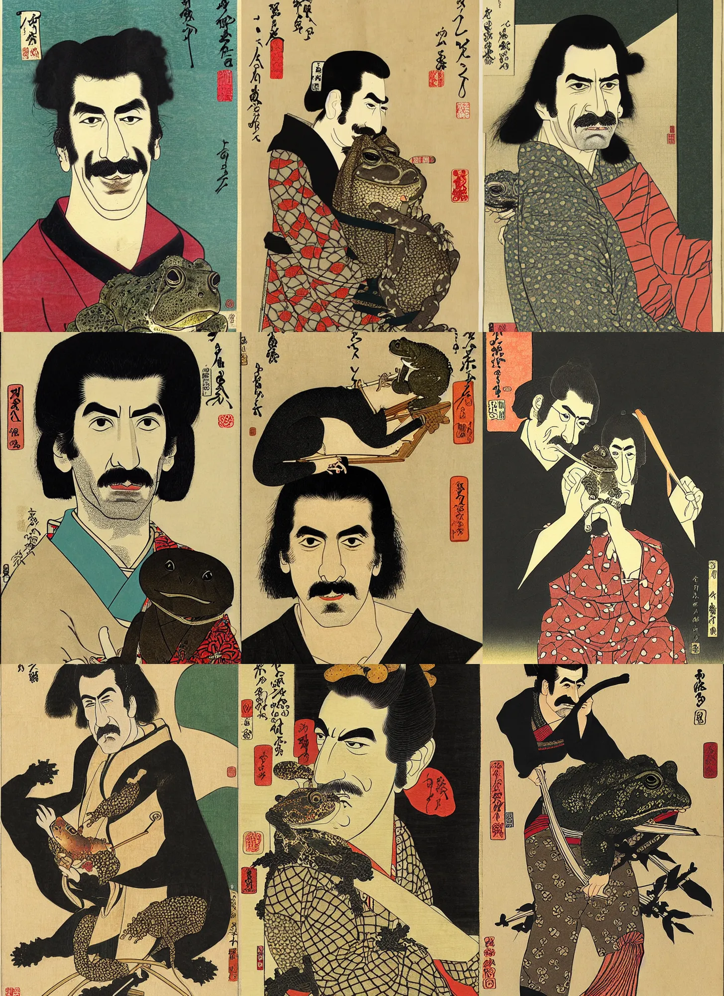 Prompt: a portrait of frank zappa riding a toad. shin - hanga and utamaro.