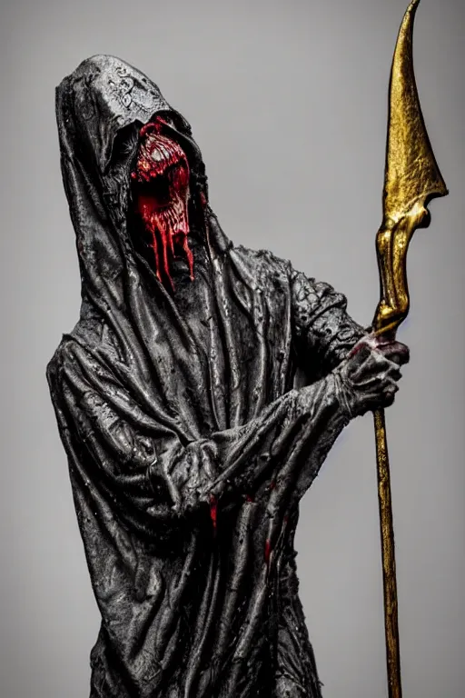 Prompt: photo taken of an epic intricate, ultra detailed, super realistic sculpture of a wet bloodied slimy nightmarish hellish demonic hooded grim reaper sculpture on display in a workshop, created by weta workshop, full body shots, photorealistic, sharp focus, f 0. 4, face centred, macro photography, golden ratio, golden hour