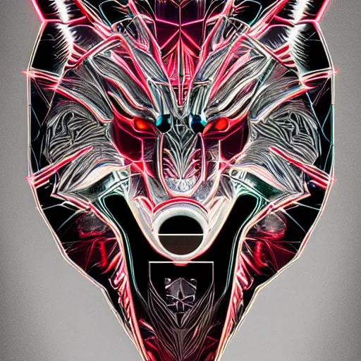 Image similar to chrome wolf, glossy, metallic, neon, symmetrical, tribal patterns, realistic, unreal engine, octane, redshift, artstation, behance, tattoo, art by joshy sly, sandra pelser