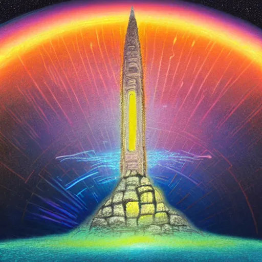 Image similar to a landscape pastel in the style of noriyoshi ohrai of an ancient holy tower, it has iridescent mana radiating from it. it is centered. the background is the starry sky at night. key art. 4 k retrofuturistic fantasy