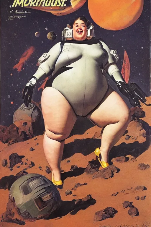 Image similar to 5 0 s pulp scifi fantasy illustration full body portrait cheerful obese woman in leather spacesuit on mars, by norman rockwell, roberto ferri, daniel gerhartz, edd cartier, jack kirby, howard v brown, ruan jia, tom lovell, frank r paul, jacob collins, dean cornwell, astounding stories, amazing, fantasy, other worlds